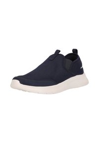 Sneakersit navy ilman nauhoja, jossa on teksturoitu päällinen, elastiset sivupaneelit ja valkoinen pehmustettu pohja. Varressa on pieni vetotappi.