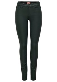 Dark green, slim-fit jeans made from a smooth, stretchy material. Features standard pockets and a button closure at the waist.