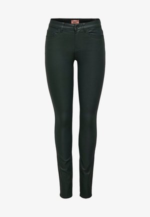 Tmavě zelené, slim-fit džíny vyrobené z hladkého, elastického materiálu. Mají standardní kapsy a zapínání na knoflík v pase.