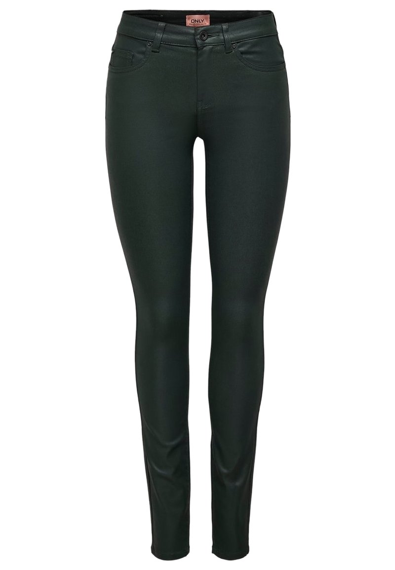 Dark green, slim-fit jeans made from a smooth, stretchy material. Features standard pockets and a button closure at the waist.