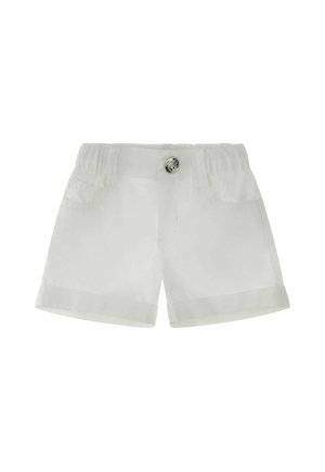 Hvide småbørns shorts med elastisk talje, forreste knap, opsmøgede kanter og forlommer på hvid baggrund.