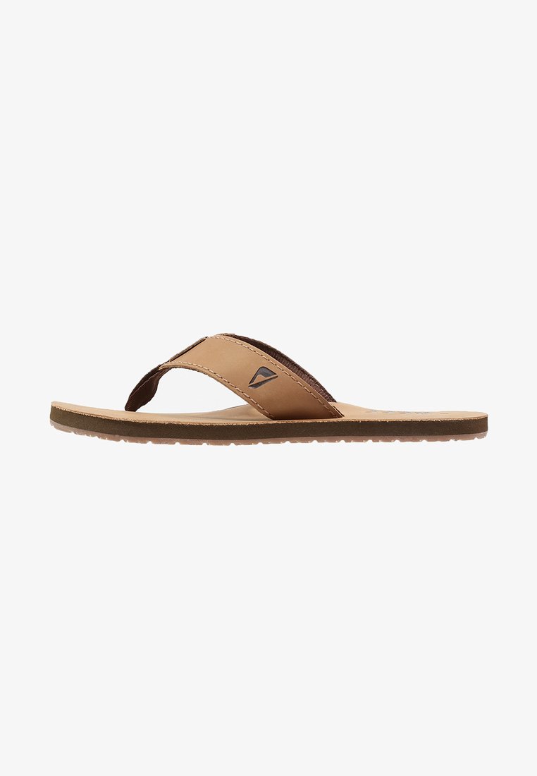 Brown flip-flop sandal with a textured footbed, dual-tone straps, and a logo accent. The sole is flat with a patterned tread for grip.