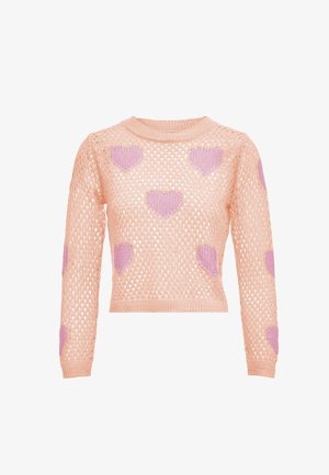 Világos rózsaszín, kötött pulóver laza, nyitott szövettel; egészében lila szívformák díszítik. Rövid fazonú és rakott nyakú.