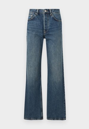 Blue high-waist straight-leg jeans with front pockets, button closure, and classic five-pocket design on a white background.