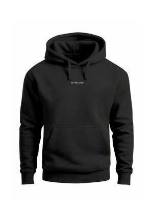 Black hooded sweatshirt made of soft fabric. Features a kangaroo pocket, ribbed cuffs, and a small white "NEVERLESS" logo on the chest.