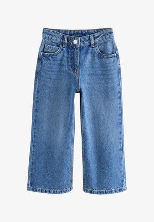 Blauwe denim jeans met brede pijpen, voorzien van een vooraan knoop- en ritssluiting en een ontwerp met vijf zakken, getoond tegen een witte achtergrond.