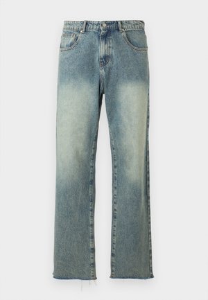 Heledad sinise denim'i teksad, millel on pleekinud pesu, sirge jalg, tooriku äär ja viie taskuga disain, samuti nupuga ja tõmbluku sulgemine vööl.