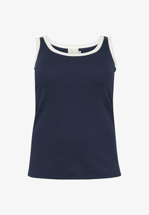 Top in cotone blu navale con rifiniture bianche, realizzato in tessuto a coste. Presenta uno scollo rotondo e un orlo dritto, progettato per una silhouette aderente.