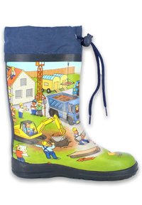 Botte en caoutchouc avec une scène de construction colorée mettant en avant des ouvriers, des machines et des bâtiments. Tige bleue, semelle noire et cordon d'ajustement.