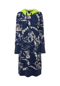 Robe à capuche bleu marine avec un motif artistique beige clair. Dotée d'une capuche et de cordons de serrage vert fluo, de manches longues et d'une coupe décontractée.