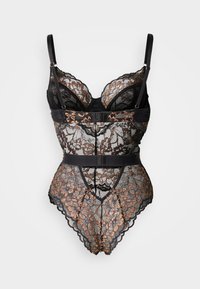 Κορμάκι από μαύρη δαντέλα με λουλουδένια σχέδια, κυματιστά άκρα, θήκες με μπανέλα και αφαιρούμενα λουριά με χρυσές λεπτομέρειες.