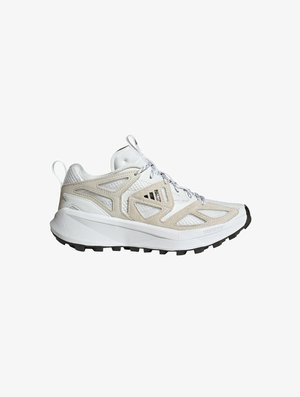 Lightweight running shoes featuring a white mesh upper with beige accents, textured sole, and black traction lugs. Reflective detailing present.