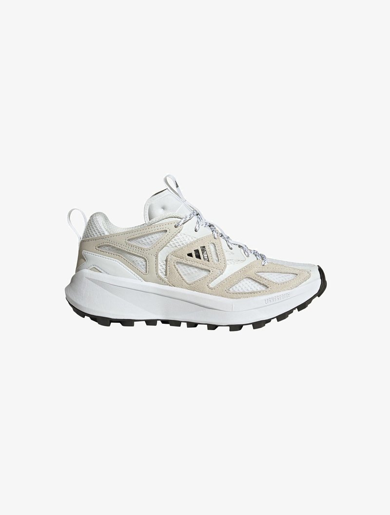 Lightweight running shoes featuring a white mesh upper with beige accents, textured sole, and black traction lugs. Reflective detailing present.