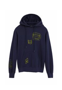 Marineblauwe hoodie van katoen, met gele grafische ontwerpen op de voorkant en mouwen, voorzien van een buidelzak en een capuchon met trekkoord.