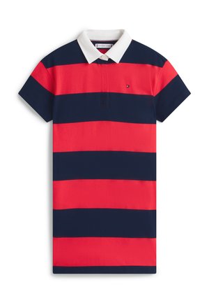 Kortermet polokjole med brede horisontale røde og marineblå striper og hvit krage, med en liten logo på brystet.