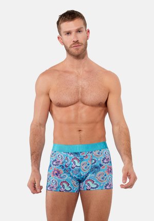 Blaue Boxershorts mit Paisley-Muster und türkisem Bund, aus einem weichen, dehnbaren Material gefertigt und mit einer taillierten Passform für bequemen Sitz.