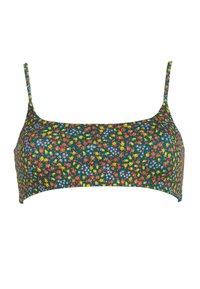 Bralette con estampado floral en tejido verde con flores amarillas, rojas y azules. Presenta tirantes finos y un diseño recto y corto.