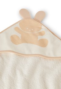 Asciugamano per neonati con cappuccio in un morbidissimo colore beige crema, realizzato in spugna di alta qualità. La parte superiore presenta un faccino di coniglio disegnato a fumetti e orecchie in un delicato rosa chiaro.