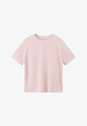 Svijetloružičasta majica kratkih rukava s okruglim izrezom i ravnim rubom, prikazana na bijeloj pozadini.