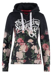 Sudadera con capucha de un patrón floral oscuro, con cordones blancos y un gran logo. Tejido suave con puños y dobladillo de canalé.
