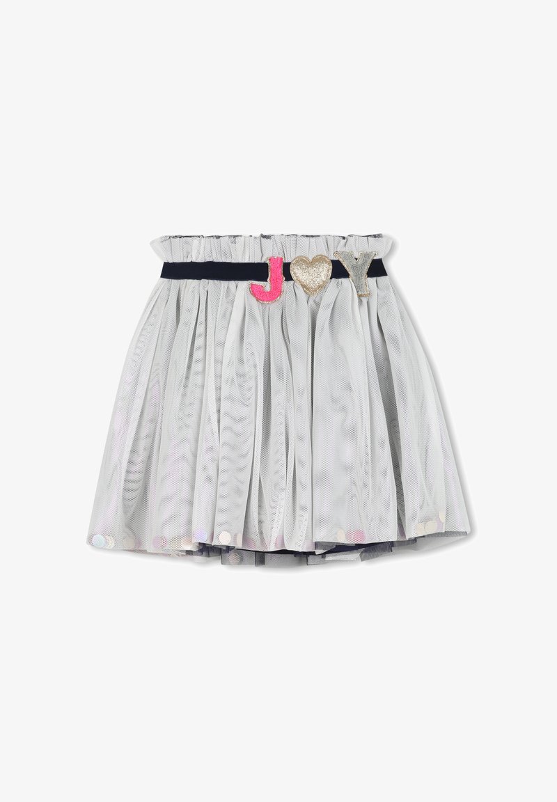 Szürke plisszírozott szoknya fekete derékrésszel, díszítő "J," szív és "Y" rózsaszín, arany és ezüst részletekkel.