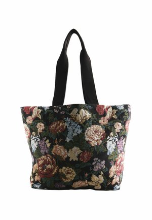 Tasche mit Blumenmuster auf schwarzem Hintergrund, die verschiedene farbige Rosen und Blüten zeigt, ergänzt durch robuste schwarze Griffe.