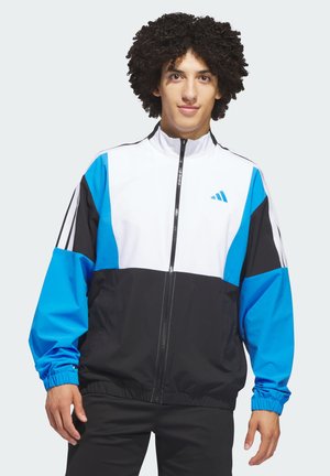 Herrenjacke zum Reißverschluss mit schwarzen, weißen und blauen Paneelen, elastischen Bündchen und einem Stehkragen mit Logo auf der Brust.
