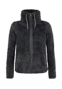 Donkergrijze fleece jas met hoge kraag, volledige rits aan de voorkant en twee zijzakken. Zachte textuur en verstelbare koordjes bij de hals.