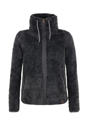 Donkergrijze fleece jas met hoge kraag, volledige rits aan de voorkant en twee zijzakken. Zachte textuur en verstelbare koordjes bij de hals.