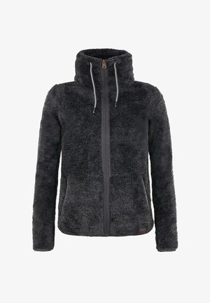 Giacca in pile grigio scuro con colletto alto, zip frontale completa e due tasche laterali. Texture morbida e cordini regolabili al collo.