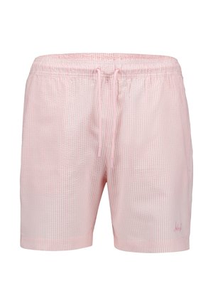 Pantaloncini da uomo rosa chiaro con texture a quadretti sottile, vita elastica e coulisse frontale, lunghezza a metà coscia.