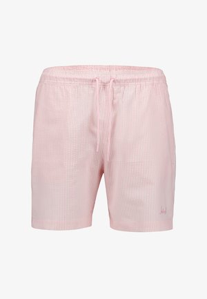 Lichtroze herenshorts met een subtiele ruittextuur, elastische tailleband en een verstelbaar koord aan de voorkant, halverwege de dijen.
