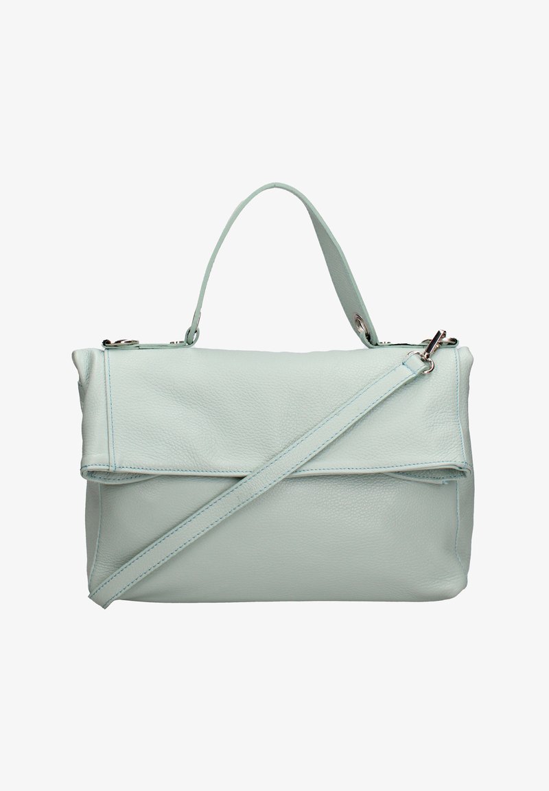 Sac à main en cuir bleu clair avec un rabat pliant, une poignée courte et une bandoulière amovible, présenté sur un fond blanc.