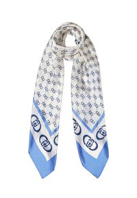 Foulard di seta con sfondo bianco, motivo geometrico blu e bordo blu. Presenta una texture liscia e estremità allungate e affusolate.