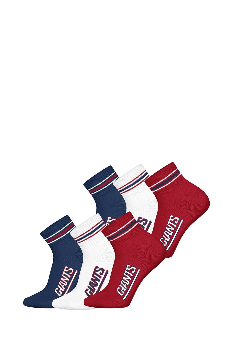 Baumwollsocken-Set in Marineblau, Weiß und Rot. Jedes Paar verfügt über kontrastierende, gerippte Bündchen mit roten und blauen Streifen und das Logo "GIANTS" ist seitlich aufgedruckt.