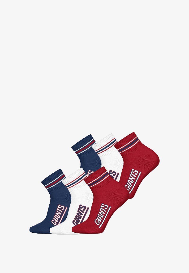 Baumwollsocken-Set in Marineblau, Weiß und Rot. Jedes Paar verfügt über kontrastierende, gerippte Bündchen mit roten und blauen Streifen und das Logo "GIANTS" ist seitlich aufgedruckt.