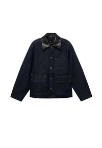 Dark denim jacket with a black leather collar, featuring front snap closures, two large front pockets, and one chest pocket.