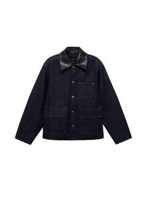 Dark denim jacket with a black leather collar, featuring front snap closures, two large front pockets, and one chest pocket.