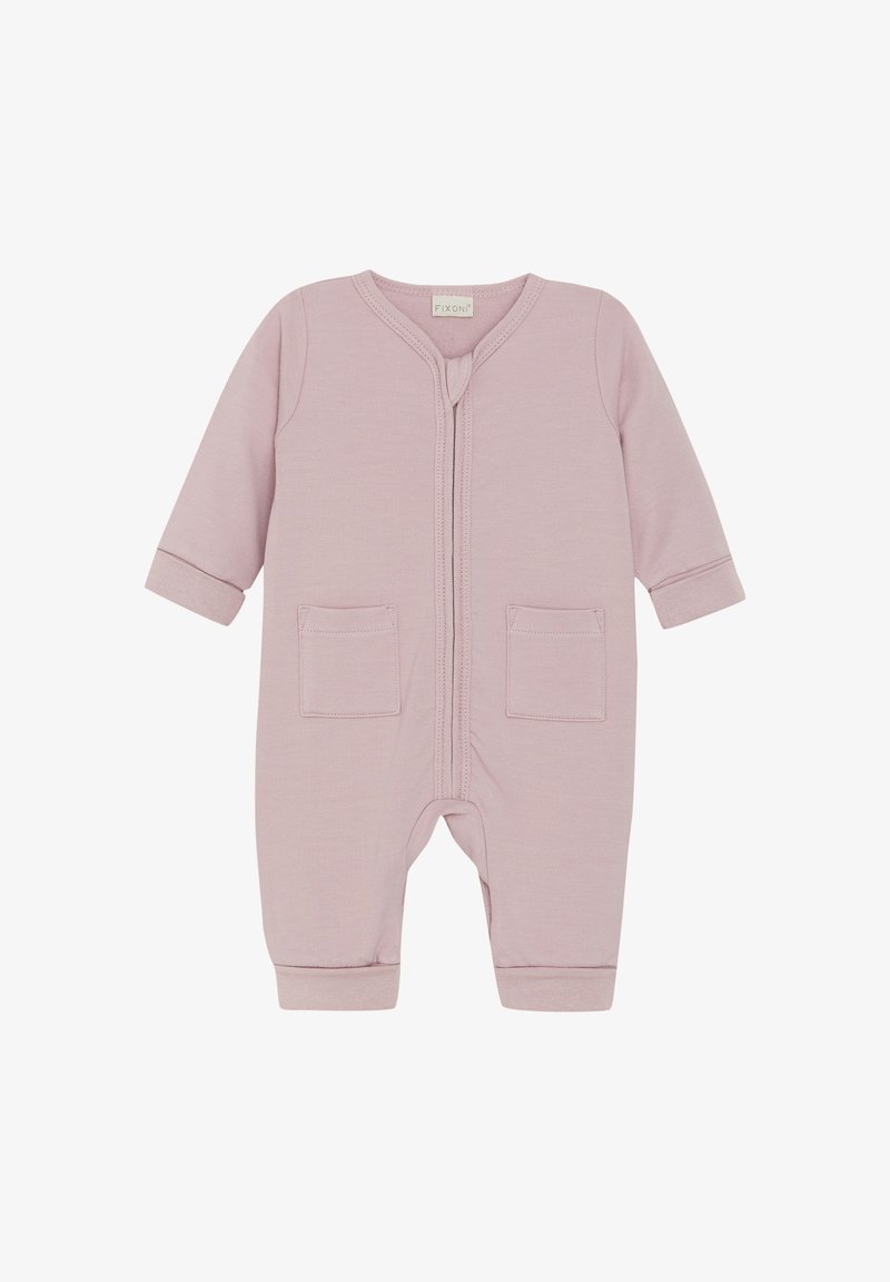 Dorsale rose clair à manches longues avec une fermeture éclair sur le devant, deux poches avant et des poignets côtelés. Fait en tissu doux avec une texture confortable.