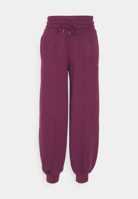 Violettiset collegehousut, joissa on joustava vyötärönauha, kiristysnaru ja resorit lahkeissa. Sileä pinta, sivusaumat ja hienovarainen logotunnus.