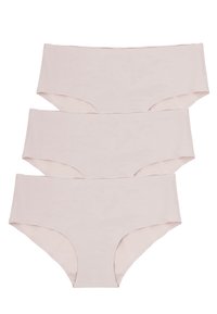 Perizomi di cotone beige con una texture liscia, caratterizzati da un design a vita media e bande elastiche morbide. Set di tre, bordi senza cuciture.