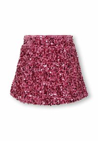 Vaaleanpunainen paljettimekko, jossa on tiukka vyötärö, flared-silhouette ja tiheästi pakattuja paljetteja tekstuurin luomiseksi.