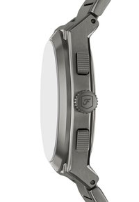 Montre en acier inoxydable gris avec un cadran blanc lisse et vierge, des poussoirs texturés et une couronne portant un logo. Design de boîtier élégant et arrondi.