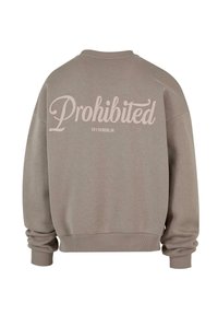 Szürke, oversized pulóver, amelyen nagy "Tiltott" grafika és "10119 Berlin" felirat található a hátsó részen. Kerek nyakú és bordás mandzsettákkal rendelkezik.