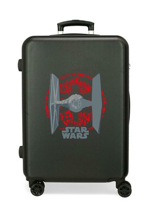 Maleta rígida negra con cuatro ruedas que presenta un TIE fighter gris y un símbolo rojo de la Alianza Rebelde con el texto "Star Wars" en el frente.
