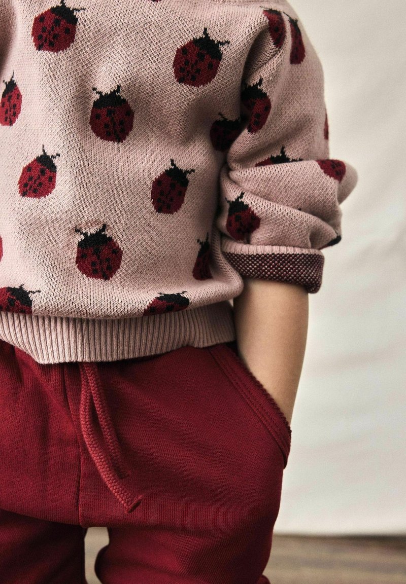 Enfant portant un pull rose à motifs de coccinelles rouges et manches retroussées, associé à un pantalon rouge foncé avec les mains dans les poches.