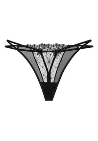 Zwarte netstring met ingewikkelde bloemenborduursels op de tailleband, met dubbele dunne bandjes en een transparante textuur overal.