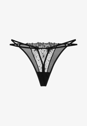 Schwarzer Netz-Tanga mit aufwendiger floraler Stickerei am Bund, ausgestattet mit zwei dünnen Trägern und einer durchsichtigen Textur.