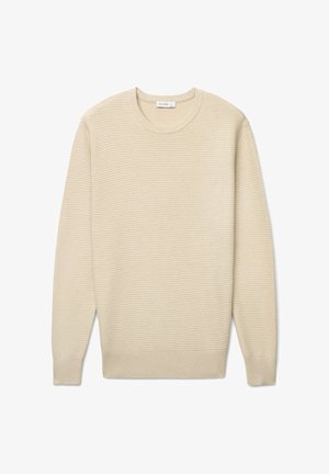 Beiger Strickpullover mit Rundhalsausschnitt, ausgestattet mit einem strukturierten Rippenmuster und langen Ärmeln. Hergestellt aus einem weichen, leichten Material.