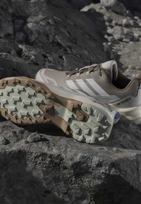 Chaussures de randonnée Adidas Terrex marron clair avec semelles Vibram robustes reposant sur un terrain rocheux.